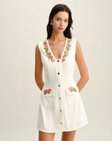 White Floral V Neck Sleeveless Mini Dress - Threadford