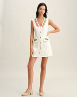 White Floral V Neck Sleeveless Mini Dress - Threadford