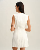 White Floral V Neck Sleeveless Mini Dress - Threadford