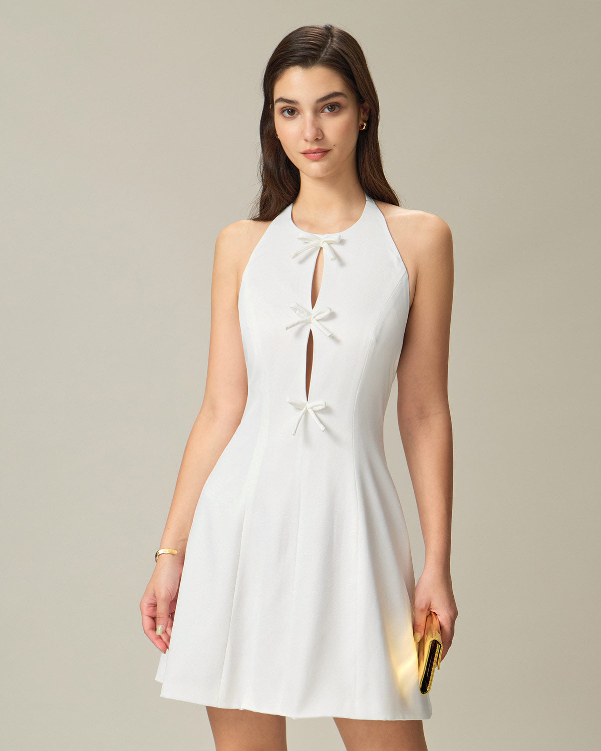 White Halter Backless Mini Dress - Threadford