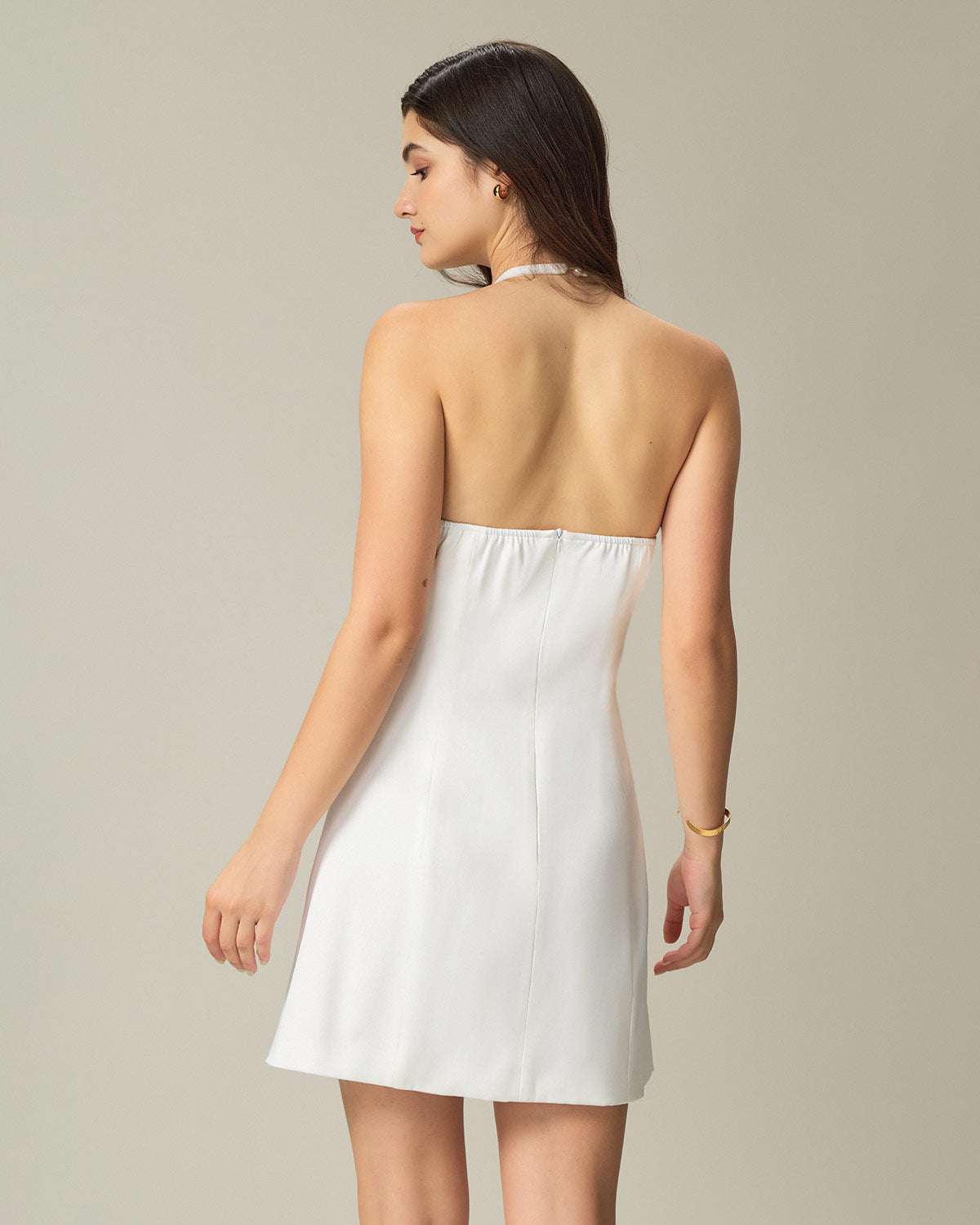 White Halter Backless Mini Dress - Threadford