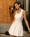 White Ruched Halter Backless Mini Dress - Threadford
