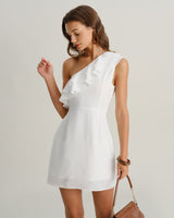 White Ruffle One Shoulder Mini Dress - Threadford