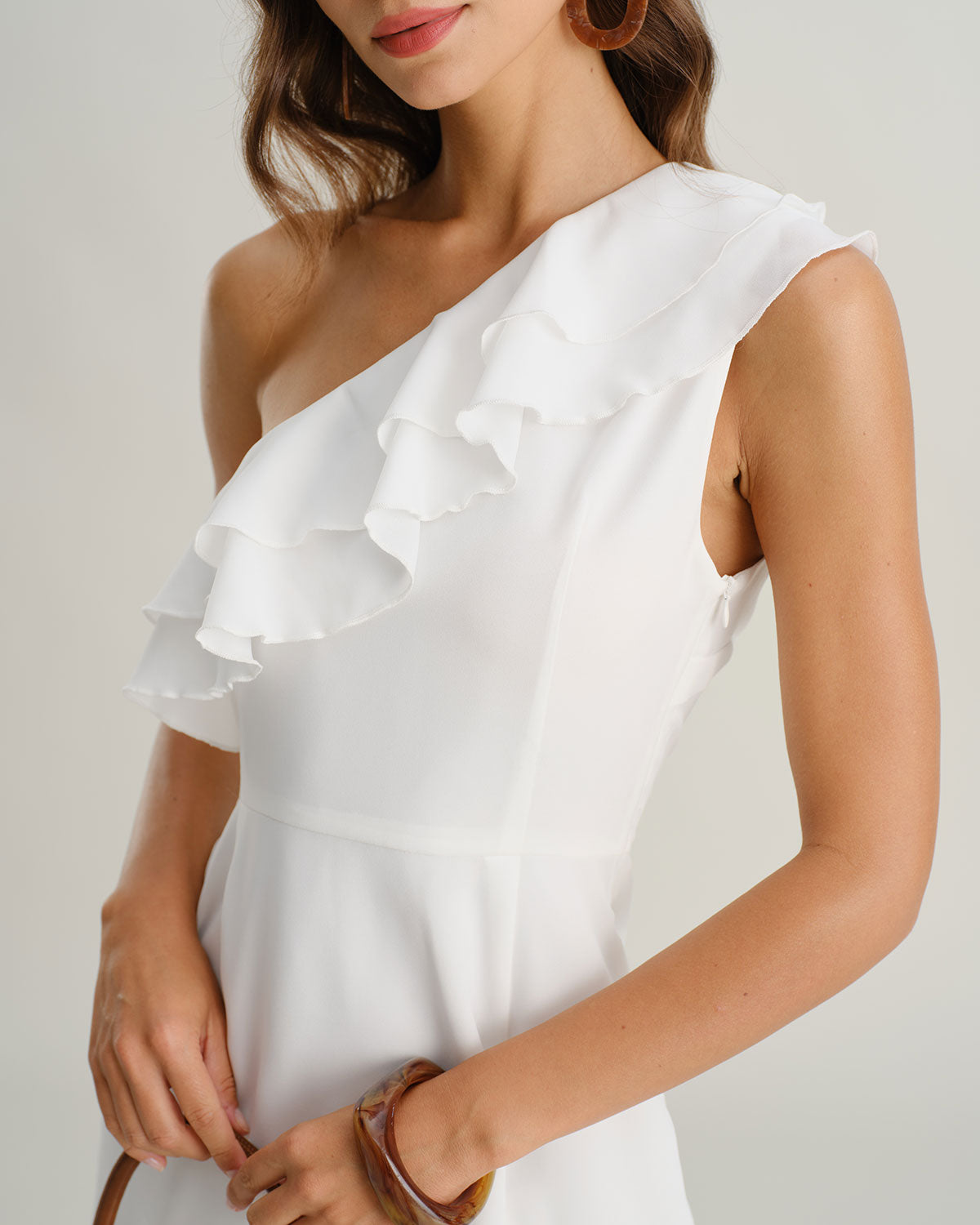 White Ruffle One Shoulder Mini Dress - Threadford