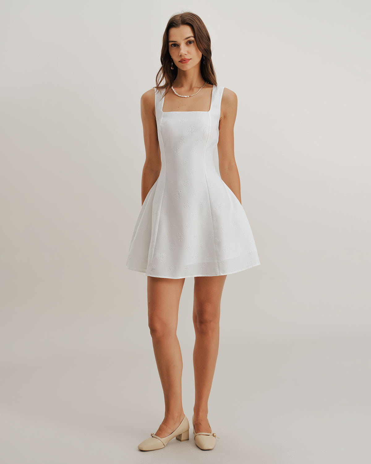 White Square Neck Textured Slip Dress - Threadford