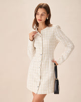 White Square Neck Tweed Mini Dress - Threadford