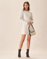 White Square Neck Tweed Mini Dress - Threadford