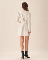 White Square Neck Tweed Mini Dress - Threadford