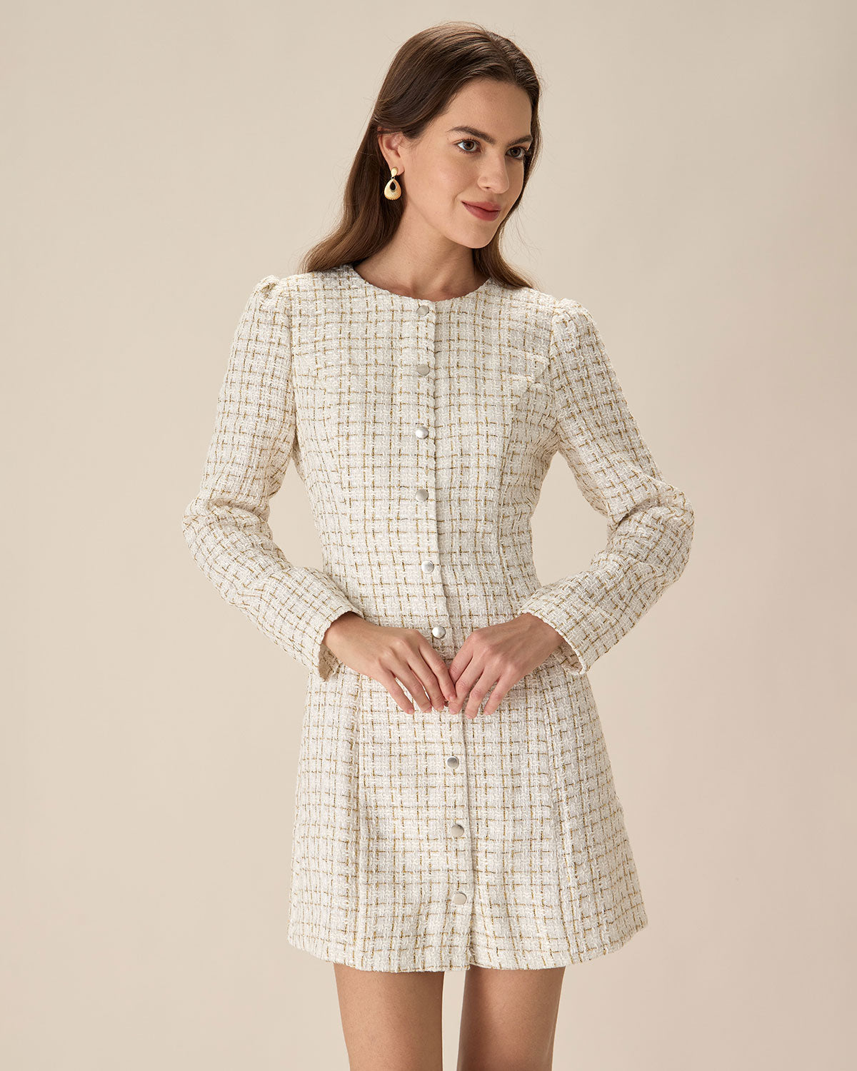 White Square Neck Tweed Mini Dress - Threadford