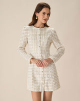 White Square Neck Tweed Mini Dress - Threadford