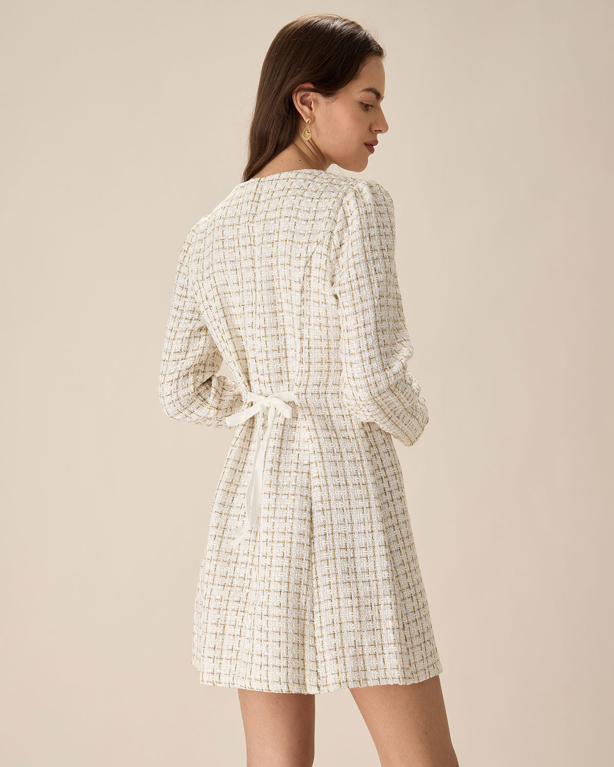 White Square Neck Tweed Mini Dress - Threadford