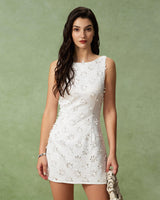 White Textured Boat Neck Sleeveless Mini Dress - Threadford