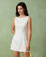 White Textured Boat Neck Sleeveless Mini Dress - Threadford
