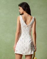 White Textured Boat Neck Sleeveless Mini Dress - Threadford