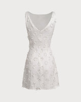 White Textured Boat Neck Sleeveless Mini Dress - Threadford