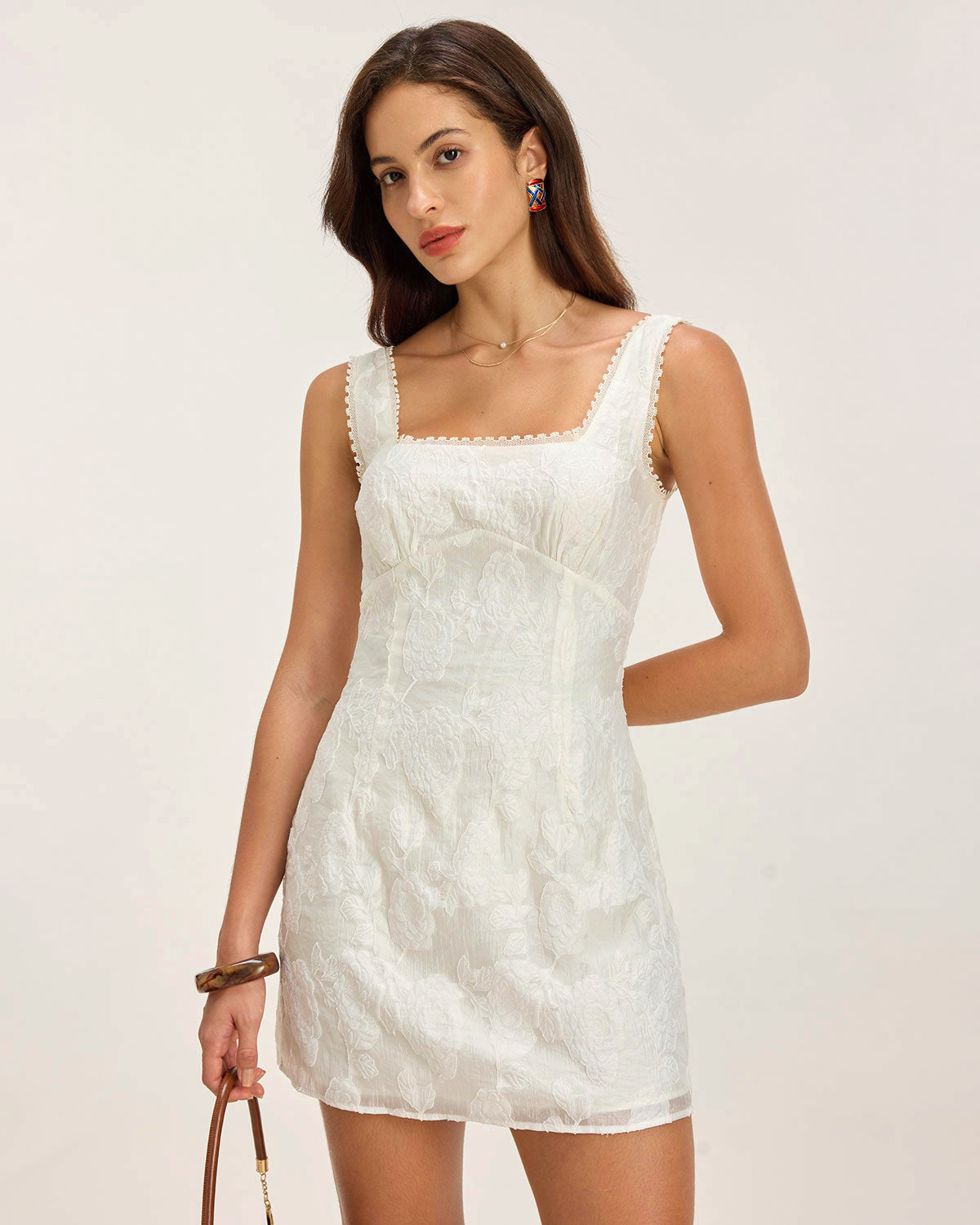 White Textured Square Neck Slip Mini Dress - Threadford