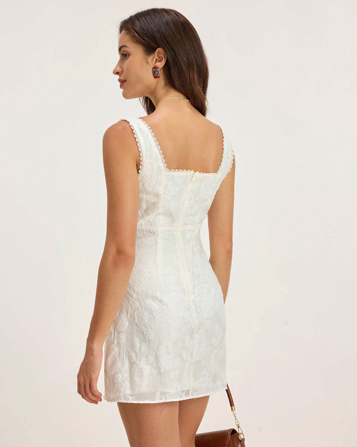 White Textured Square Neck Slip Mini Dress - Threadford