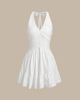 White V Neck Pleated Backless Mini Dress - Threadford