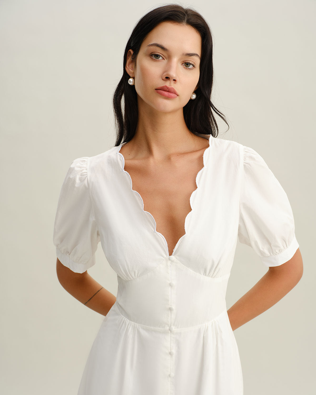 White V-Neck Ruched Mini Dress - Threadford