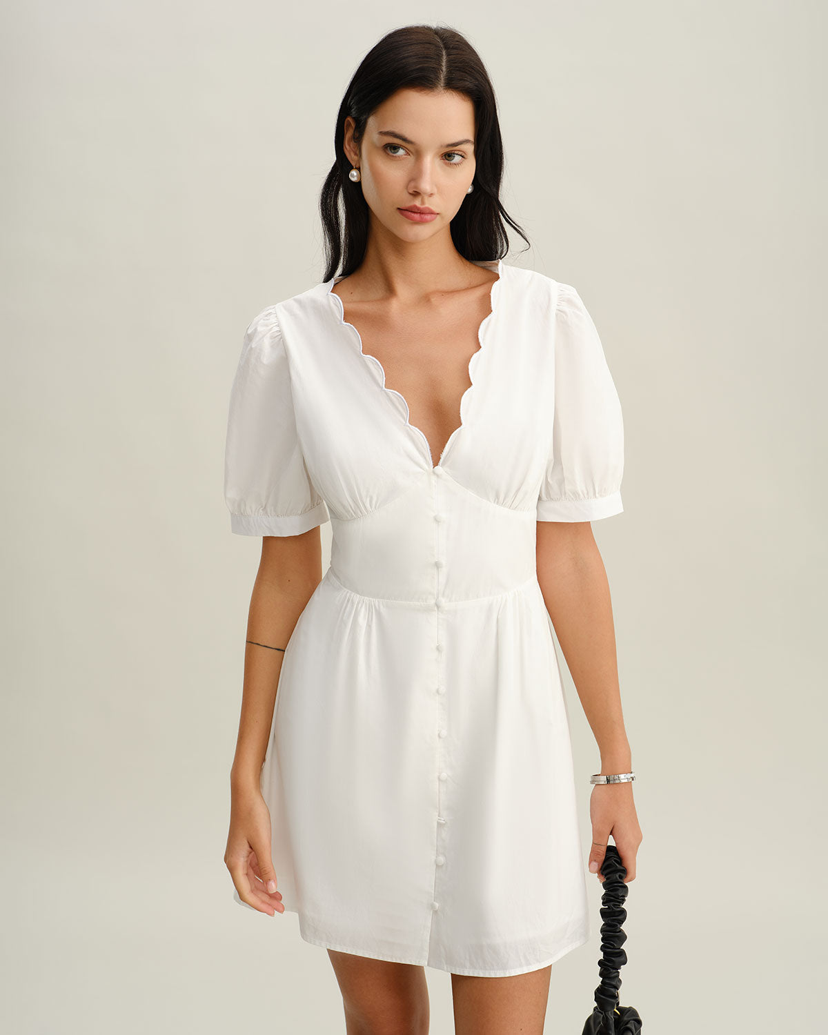 White V-Neck Ruched Mini Dress - Threadford