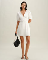 White V-Neck Ruched Mini Dress - Threadford