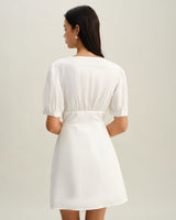 White V-Neck Ruched Mini Dress - Threadford