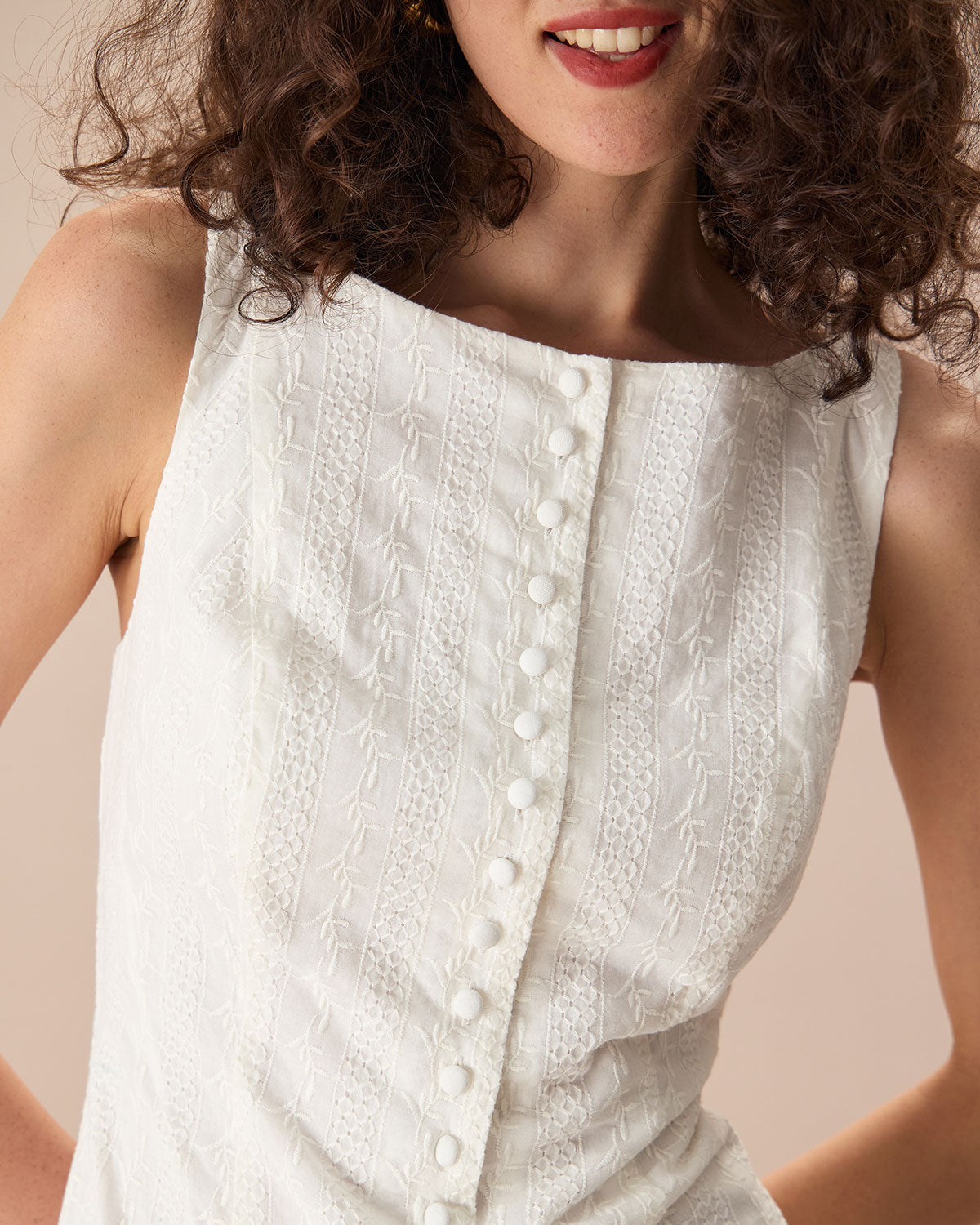 Women's White Boat Neck Jacquard Cotton Mini Dress - Threadford