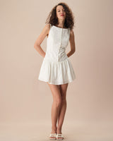 Women's White Boat Neck Jacquard Cotton Mini Dress - Threadford