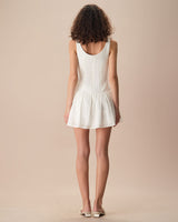 Women's White Boat Neck Jacquard Cotton Mini Dress - Threadford