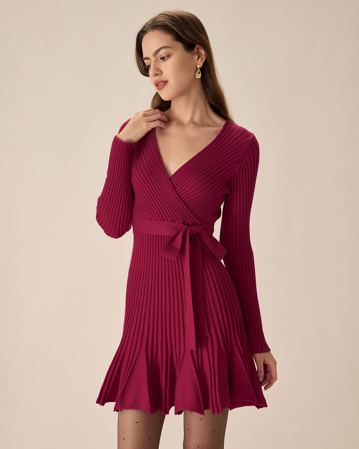 Wine Red Wrap Sweater Mini Dress - Threadford