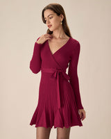 Wine Red Wrap Sweater Mini Dress - Threadford
