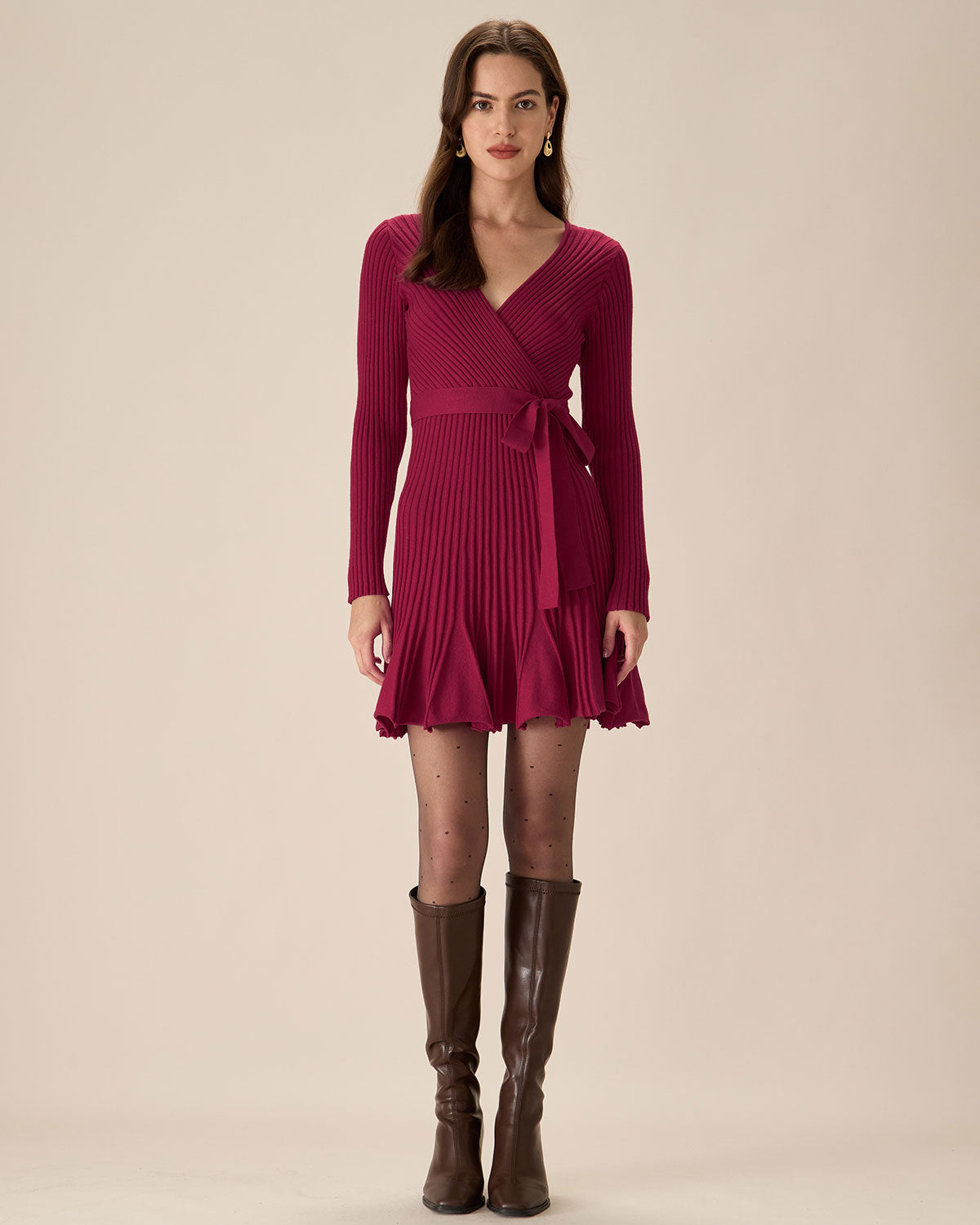 Wine Red Wrap Sweater Mini Dress - Threadford