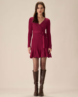 Wine Red Wrap Sweater Mini Dress - Threadford