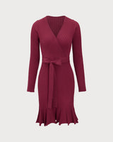 Wine Red Wrap Sweater Mini Dress - Threadford