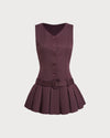 Wine Red V-Neck Sleeveless Belted Mini Dress - Threadford