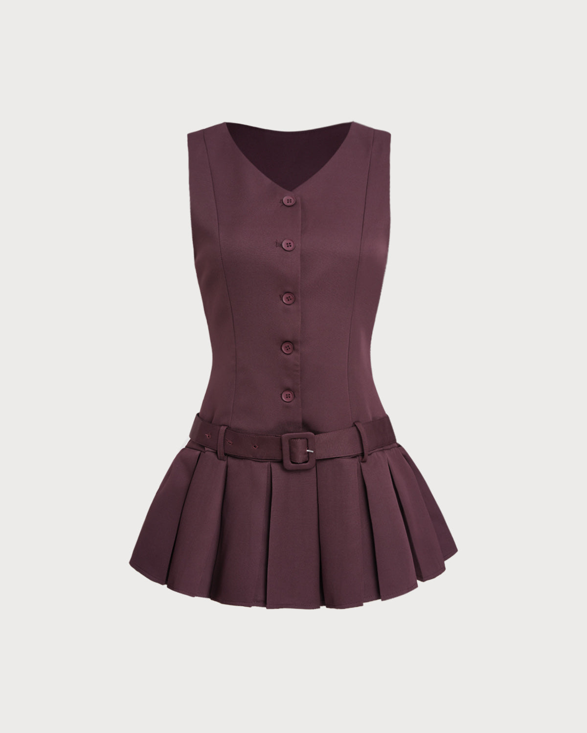 Wine Red V-Neck Sleeveless Belted Mini Dress - Threadford
