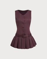 Wine Red V-Neck Sleeveless Belted Mini Dress - Threadford