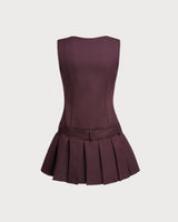 Wine Red V-Neck Sleeveless Belted Mini Dress - Threadford