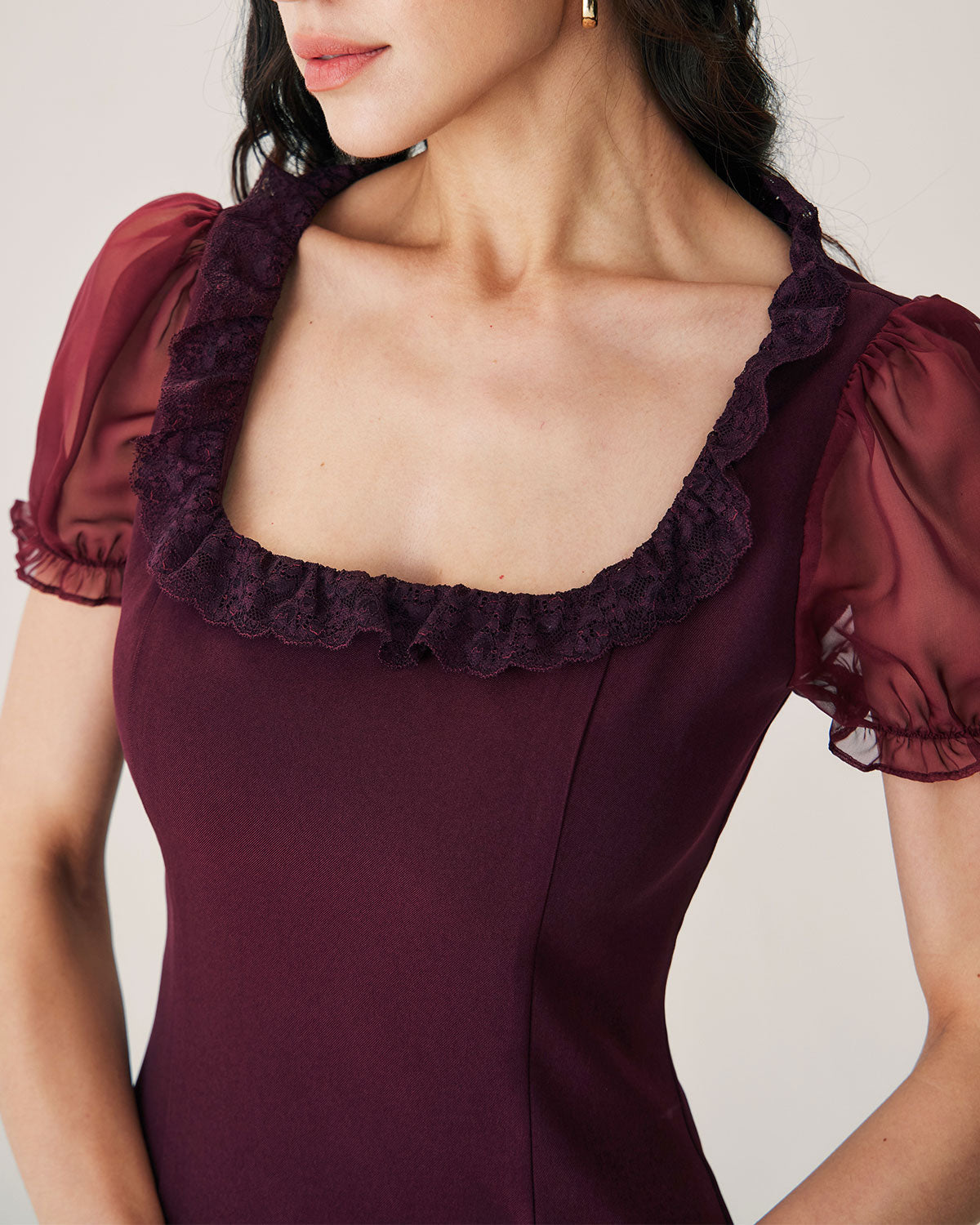 Red Lace Splicing Mini Dress - Threadford