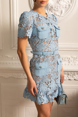 Short Sleeve Embroidered Floral Dress - Blue - Threadford