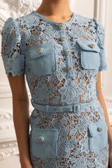 Short Sleeve Embroidered Floral Dress - Blue - Threadford