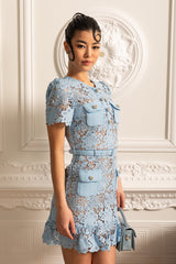 Short Sleeve Embroidered Floral Dress - Blue - Threadford