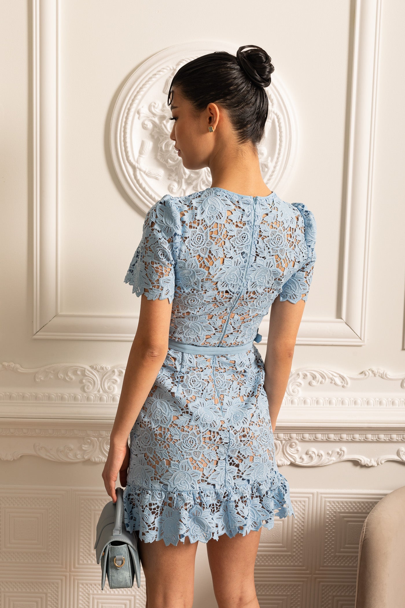 Short Sleeve Embroidered Floral Dress - Blue - Threadford