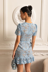 Short Sleeve Embroidered Floral Dress - Blue - Threadford