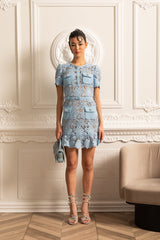 Short Sleeve Embroidered Floral Dress - Blue - Threadford