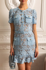 Short Sleeve Embroidered Floral Dress - Blue - Threadford
