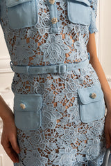 Short Sleeve Embroidered Floral Dress - Blue - Threadford
