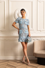 Short Sleeve Embroidered Floral Dress - Blue - Threadford