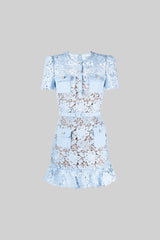 Short Sleeve Embroidered Floral Dress - Blue - Threadford