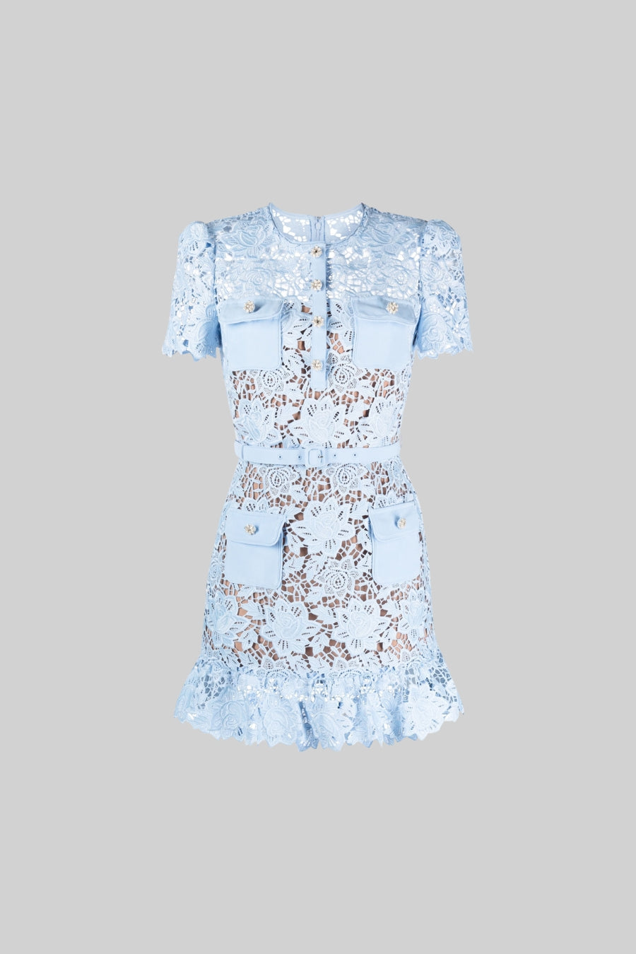 Short Sleeve Embroidered Floral Dress - Blue - Threadford